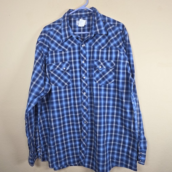 Wrangler Other - Wrangler Pearl Snap Shirt 2XT 2XL Tall Blue Plaid Western Cowboy work wedding